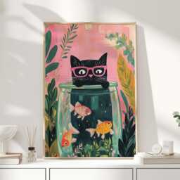 Black Cat With Pink Glasses Matisse Style Wall Art - Whimsical & Goldfish Print Fun Colourful Poster For Lovers Quirky Decor - thumbnail 1