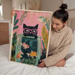 Black Cat With Pink Glasses Matisse Style Wall Art - Whimsical & Goldfish Print Fun Colourful Poster For Lovers Quirky Decor - thumbnail 3
