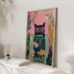 Black Cat With Pink Glasses Matisse Style Wall Art - Whimsical & Goldfish Print Fun Colourful Poster For Lovers Quirky Decor - thumbnail 2