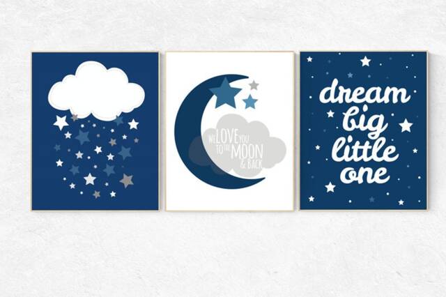 Navy Blue Nursery Wall Art Cloud, Moon & Stars Prints - image 1