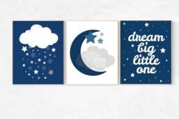 Navy Blue Nursery Wall Art Cloud, Moon & Stars Prints - thumbnail 1