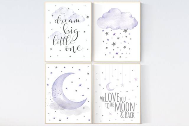 Purple Nursery Wall Art Lavender Cloud, Moon & Stars Print - image 1