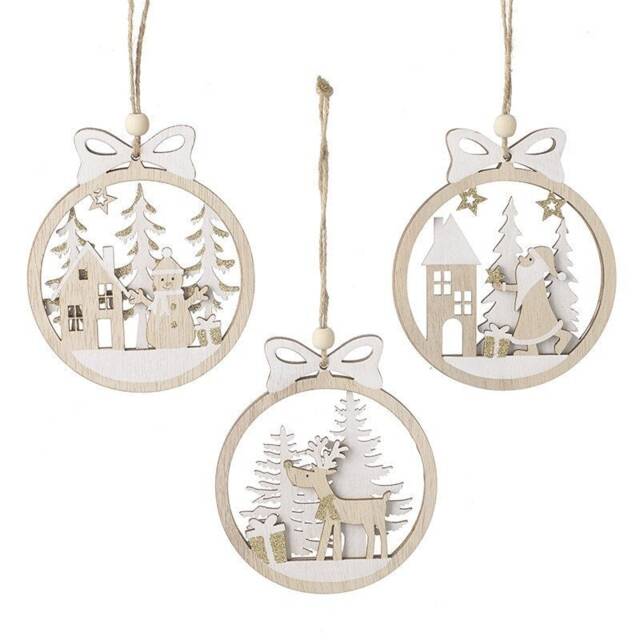 Rustic Wooden White Hanging Christmas Decorations - Set Of 3 - Tree Winter Wonderland Nature Animals Deer Festive Traditional Nordic Gift
