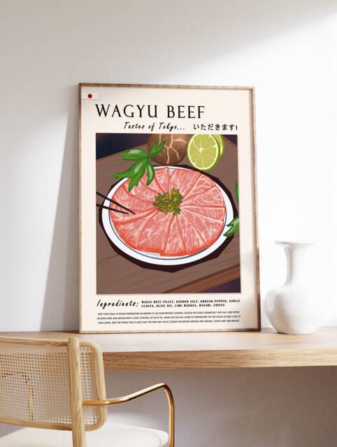 Japanese Wagyu Beef Food Poster, Art Print, Tokyo Art. Kitchen Art, Retro Gift, Decor - image 1