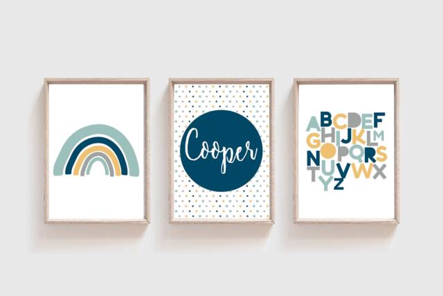 Set Of 3 Rainbow Prints, Alphabet, Boys Nursery Print, Decor, Personalised, Bedroom Wall Art - image 1