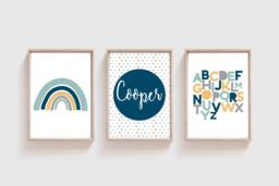 Set Of 3 Rainbow Prints, Alphabet, Boys Nursery Print, Decor, Personalised, Bedroom Wall Art - thumbnail 1
