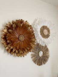 Golden Chocolate Wall Trio - Boho Chic Decor - Juju Hats Chocolate & White Feathers + Gold Raffia Mirror - thumbnail 1