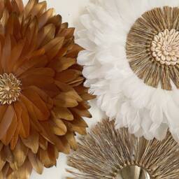 Golden Chocolate Wall Trio - Boho Chic Decor - Juju Hats Chocolate & White Feathers + Gold Raffia Mirror - thumbnail 3