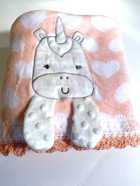Baby Crinkle Unicorn Crochet Blanket - Peach & White - image 1