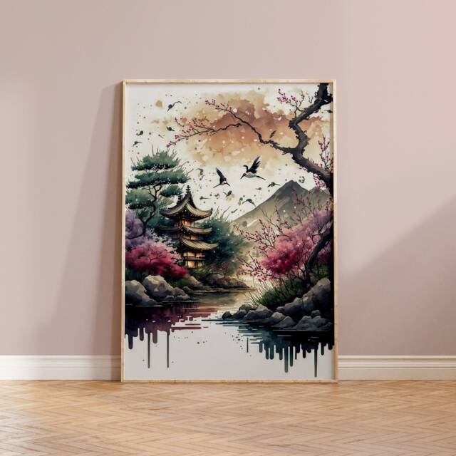 Japanese Pagoda Art Print Sakura Tree Landscape, Asian Watercolor - image 1