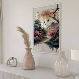 Japanese Pagoda Art Print Sakura Tree Landscape, Asian Watercolor - thumbnail 2