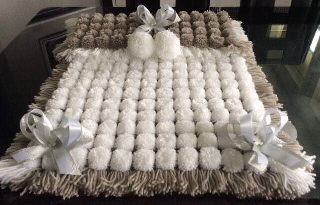 White & Grey Baby Pom Blanket With Ribbon - image 1
