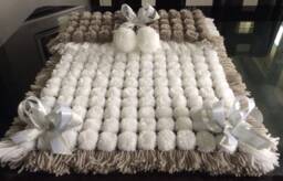 White & Grey Baby Pom Blanket With Ribbon - thumbnail 1