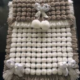 White & Grey Baby Pom Blanket With Ribbon - thumbnail 3