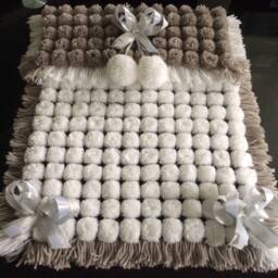 White & Grey Baby Pom Blanket With Ribbon - thumbnail 2
