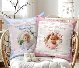 Personalised Christening Photo Cushion Custom Name Baptism Gift Godchild Keepsake Naming Day Baby Pillow - thumbnail 1