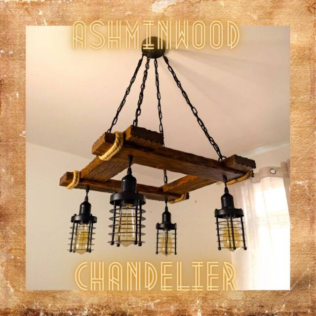 Rustic Chandelier - Hanging Light Fixture Wood Farmhouse Lights Industrial Style Lighting Bar Restaurant - image 1
