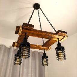 Rustic Chandelier - Hanging Light Fixture Wood Farmhouse Lights Industrial Style Lighting Bar Restaurant - thumbnail 3