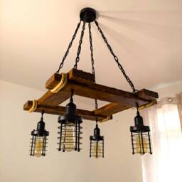 Rustic Chandelier - Hanging Light Fixture Wood Farmhouse Lights Industrial Style Lighting Bar Restaurant - thumbnail 2