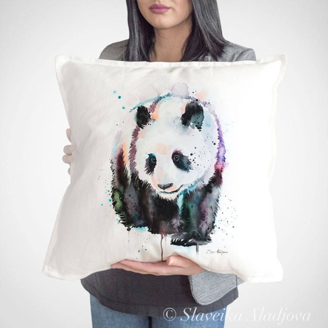 Panda Throw Pillow Cover By Slaveika Aladjova, Cushion Cover, Decorative Pillow Cover, Animal Art, Watercolor Pillow, Christmas Gift - image 1