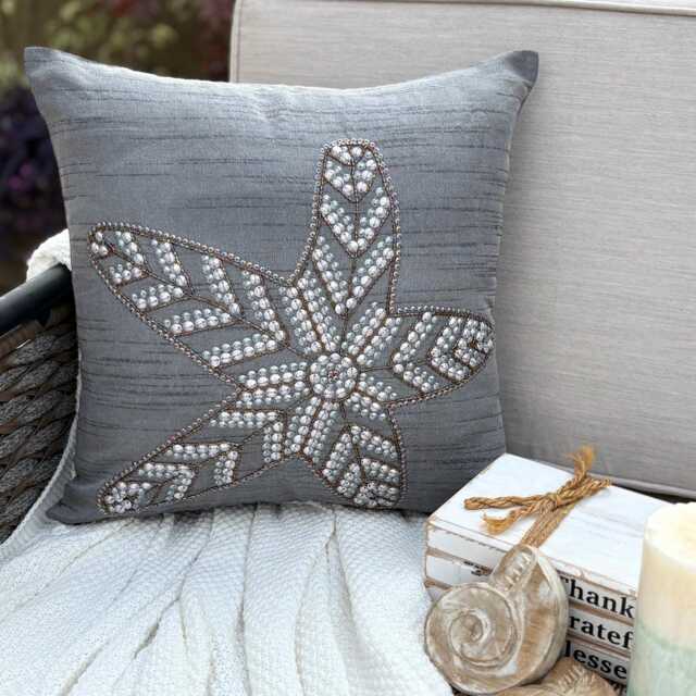 Art Silk Beaded Sequins Starfish Gray Decorative Pillow Sham, 24x24/26x26, Beach Style Euro Square Pillowcase - Starry Light - image 1