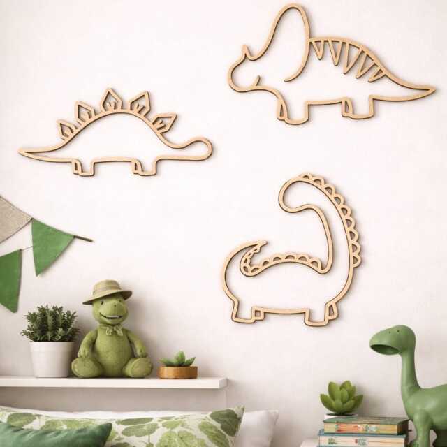 Wooden Dinosaur Wall Art Set - Dino Bedroom Decor Themed Kids Room Decals, Stickers - image 1