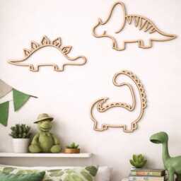 Wooden Dinosaur Wall Art Set - Dino Bedroom Decor Themed Kids Room Decals, Stickers