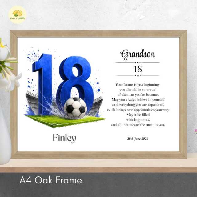 18Th Birthday Print For Grandson Personalised Blue Football Team Wall Art Gift - A4/A3 - image 1