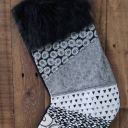 Black & White Patchwork Christmas Stocking Ooak Ready To Ship Quilted #3 Rts - thumbnail 2