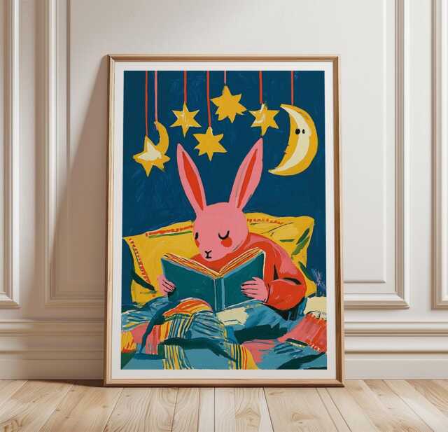 Reading Bunny Poster, Nursery Animal Print, Children's Wall Art - image 1