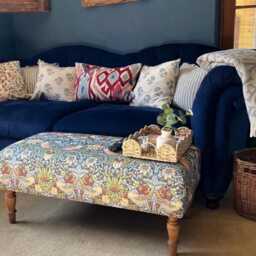 William Morris Large Footstool, Coffee Table Upholstered Ottoman Handmade Wooden Foot Stool, English Country Decor - thumbnail 3