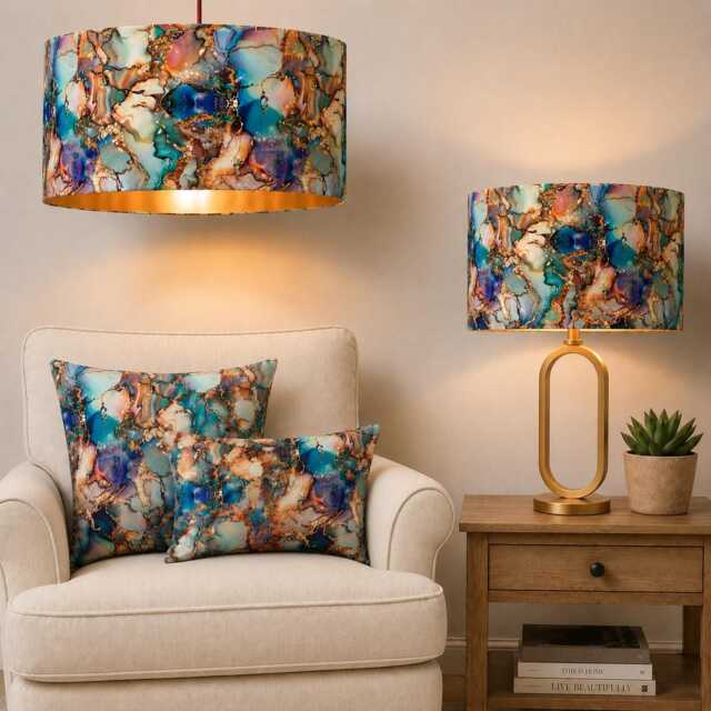 Handmade By Order Luxury Blue Gold Yellow Rainbow Marble Tile Rasin Abstract Art Velvet Drum Lamp Shade Pendant Light All Shapes - image 1