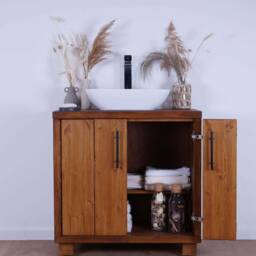 Hand-Crafted Chunky Pine Bifold 4 Door Vanity Unit - Walnut Woodstain Finish - thumbnail 3
