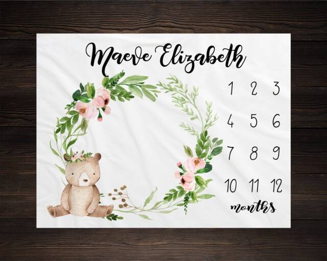 Bear Baby Milestone Blanket, Monthly Growth Tracker, Personalized Custom Shower Gift, New Girl - image 1