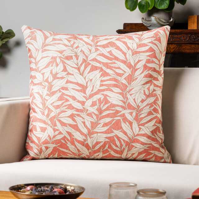 Willow Leaves Extra-Large Cushion Cover in Coral Pink. Organic Linen-Blend Fabric. Botanical Nature-Inspired Print. 23X23 - image 1