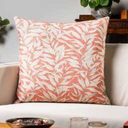Willow Leaves Extra-Large Cushion Cover in Coral Pink. Organic Linen-Blend Fabric. Botanical Nature-Inspired Print. 23X23