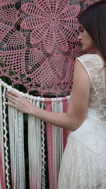 Giant Pink Crochet Doily Dreamcatcher, Boho Yarn Lace Wall Hanging - image 1
