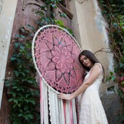 Giant Pink Crochet Doily Dreamcatcher, Boho Yarn Lace Wall Hanging - thumbnail 3