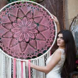 Giant Pink Crochet Doily Dreamcatcher, Boho Yarn Lace Wall Hanging - thumbnail 4