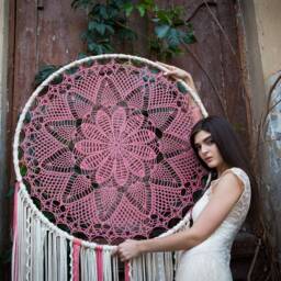 Giant Pink Crochet Doily Dreamcatcher, Boho Yarn Lace Wall Hanging - thumbnail 2