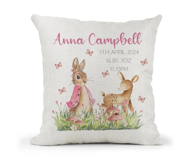 Personalised Girls Peter Rabbit & Flopsy Deer Cushion, Name, Christening Gift, New Baby Keepsake , Bedroom - image 1