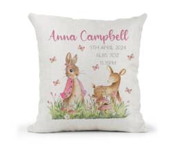 Personalised Girls Peter Rabbit & Flopsy Deer Cushion, Name, Christening Gift, New Baby Keepsake , Bedroom - thumbnail 1