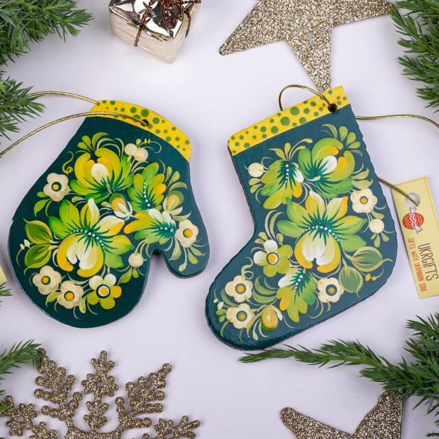 Christmas Stocking Decorations & Wooden Mitten Ornaments Handmade, Hand Painted in Ukrainian Original Folk-Syle Petrykivka - image 1