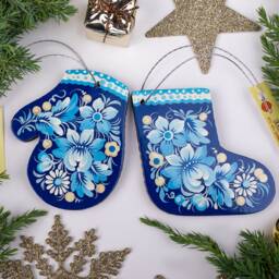 Christmas Stocking Decorations & Wooden Mitten Ornaments Handmade, Hand Painted in Ukrainian Original Folk-Syle Petrykivka - thumbnail 2