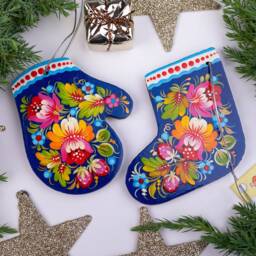 Christmas Stocking Decorations & Wooden Mitten Ornaments Handmade, Hand Painted in Ukrainian Original Folk-Syle Petrykivka - thumbnail 3