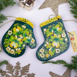 Christmas Stocking Decorations & Wooden Mitten Ornaments Handmade, Hand Painted in Ukrainian Original Folk-Syle Petrykivka