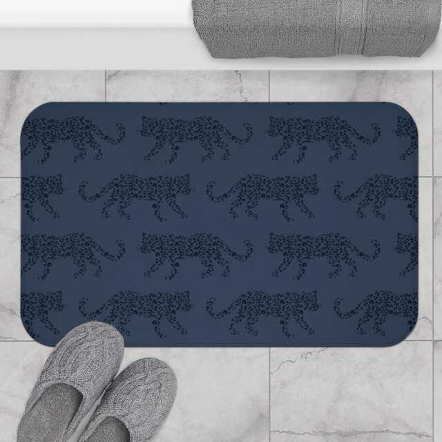 Plush Bath Mat, Leopard Parade, Tonal Navy Blue, Jungle Cats, Safari Decor, Bathroom Rug, Animal Print Home Kids Room, Cheetah - image 1