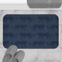 Plush Bath Mat, Leopard Parade, Tonal Navy Blue, Jungle Cats, Safari Decor, Bathroom Rug, Animal Print Home Kids Room, Cheetah - thumbnail 1