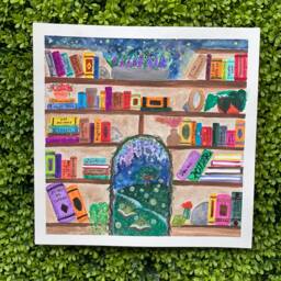 Fantasy Bookshelf Watercolor Painting Book Lover Wall Art - 12x12 Inches - thumbnail 3