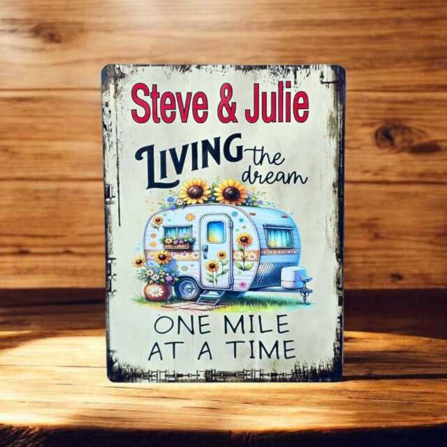 "Personalised Caravan Metal Sign Campervan Decor, ""Living The Dream" - image 1